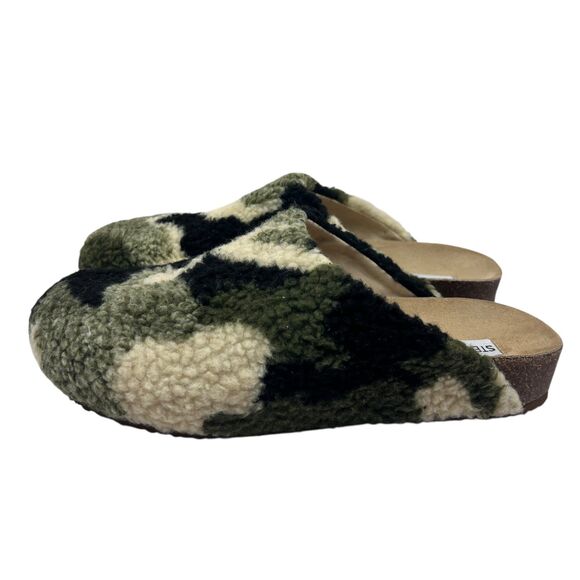 Steve Madden Vesa Slippers Mules Size 10 Camouflage Faux Fur Cork Sole Comfort - Picture 6 of 7